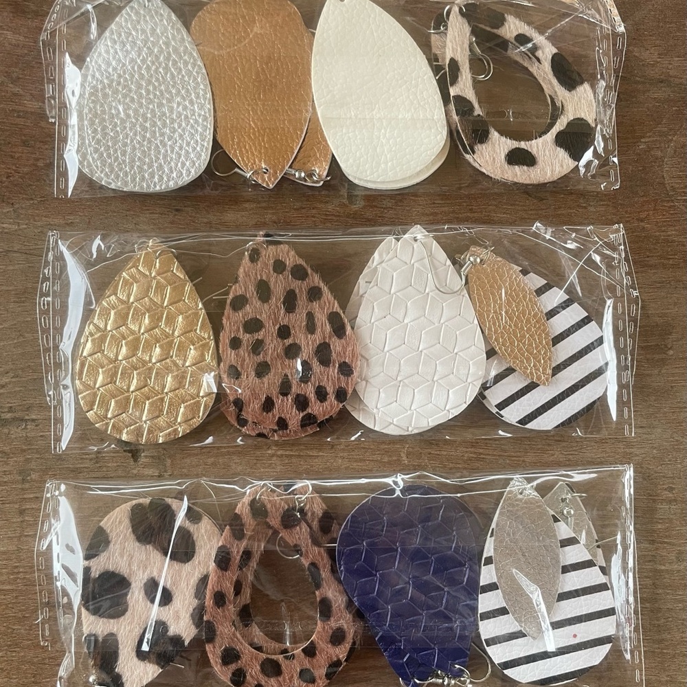 Faux leather teardrop earrings, any 3 for $9.